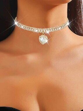 Rhinestone Heart Choker Necklace Sparkly Crystal Prom Jewelry for Women